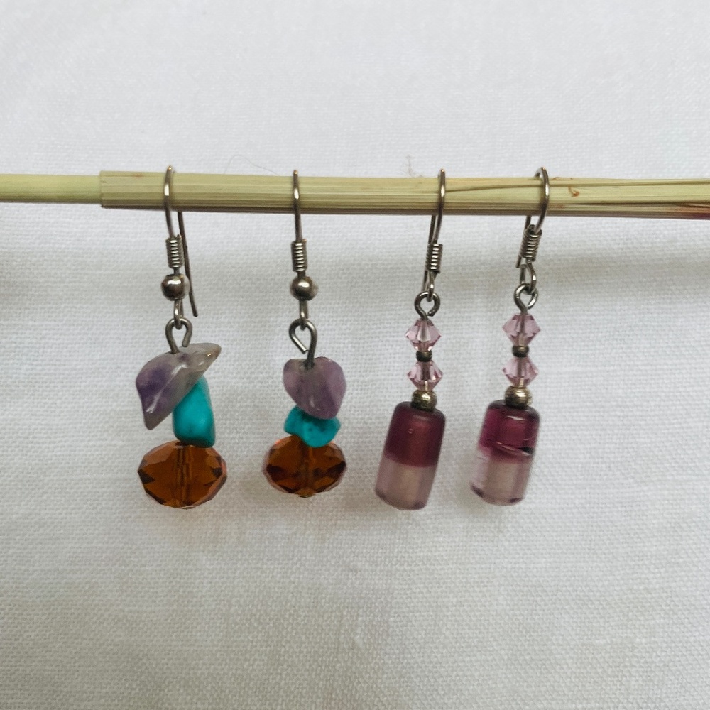 Purple Stone and Glass Dangle Earrings wit Amethyst & Turquoise